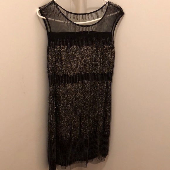 Black and gold beaded blouson dress, worn 1x - Picture 1 of 3